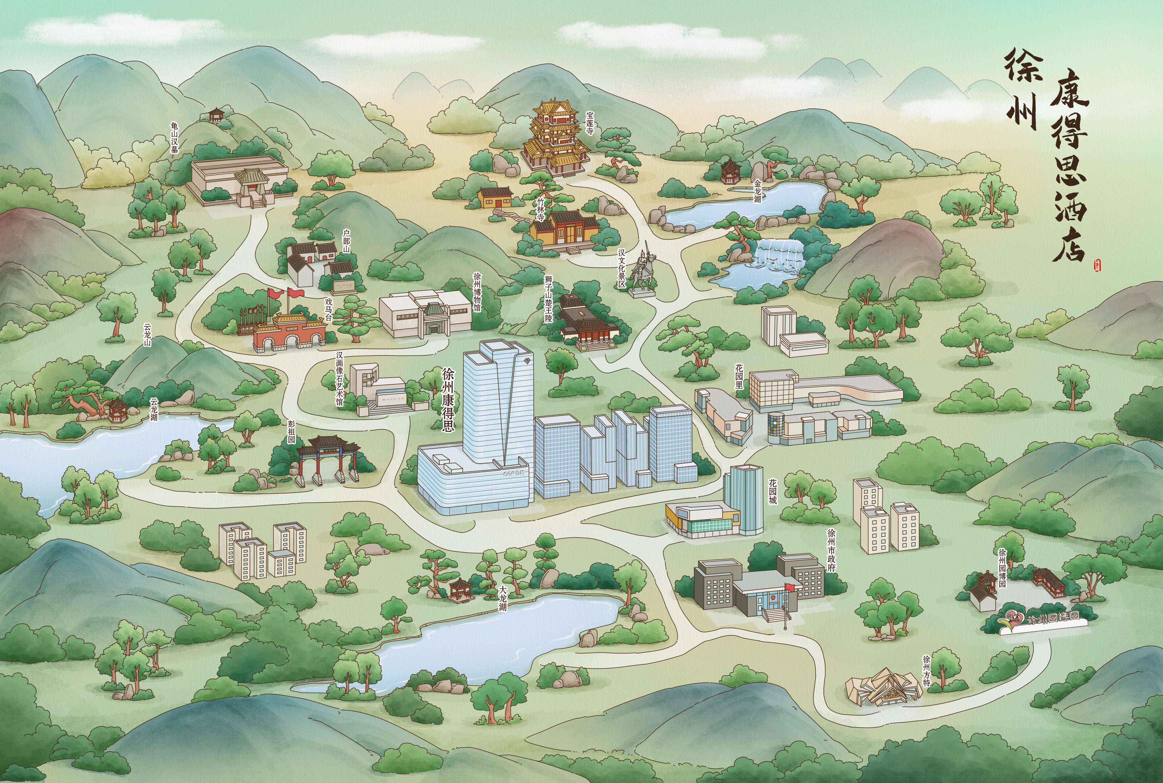 徐州伊敦康得思酒店 × 全彩手绘图：一张水墨地图，画尽彭城古今